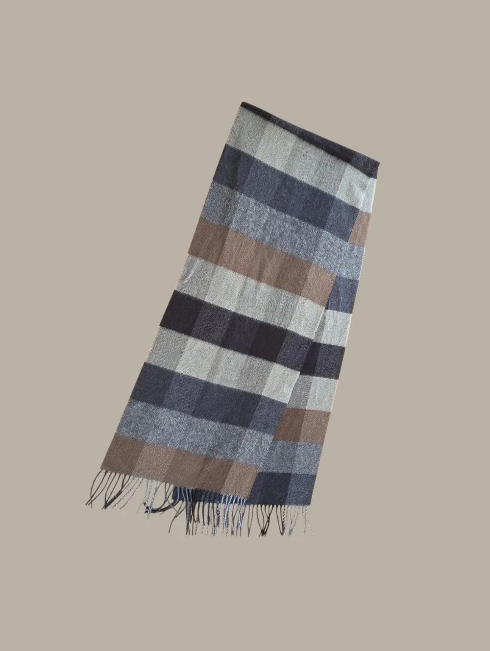 Fraas Plaid Scarf Made in Germany Brown Gray Black Taupe Unisex Fringe 14 x 70
